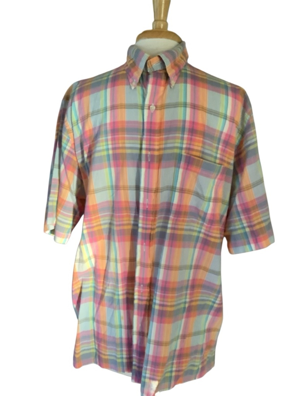 Lands End Men's Pastel Plaid Short-Sleeve Button-Down Shirt - Multicolor